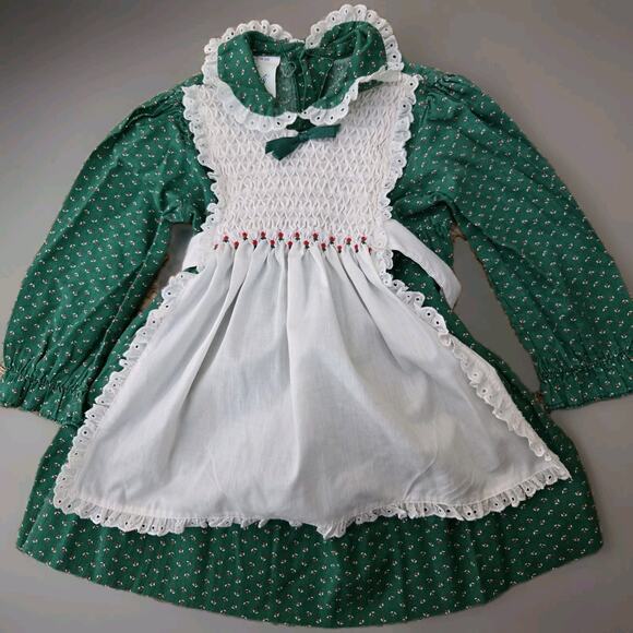 Vintage‎ Polly Flinders 2 Pc Pinafore Dress Green~White~Smocked Embroidery 3T - Picture 1 of 6